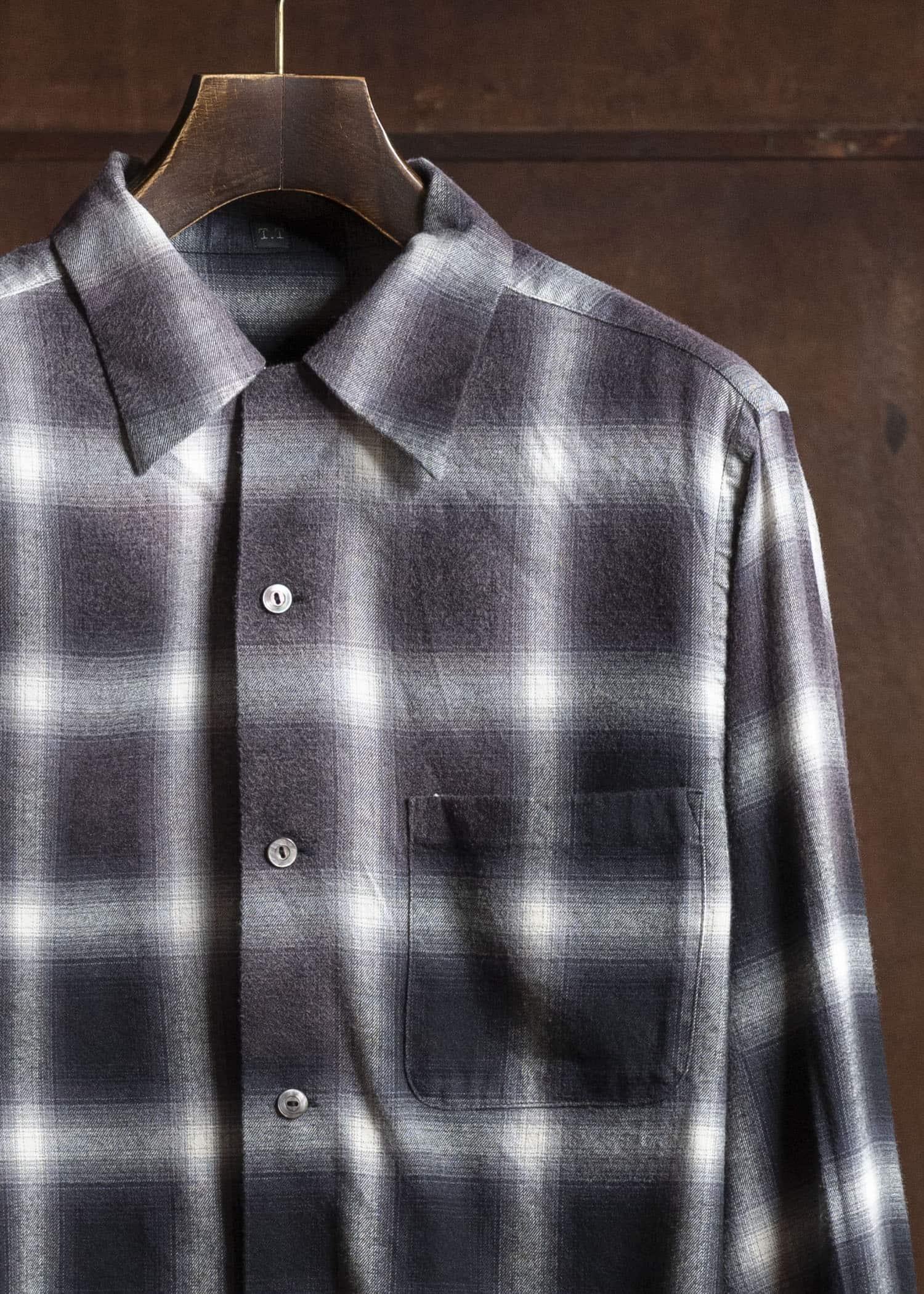 Taiga Takahashi Lot.101-Gray Plaid Open Collar Shirt BLEACHED GRAY PLAID