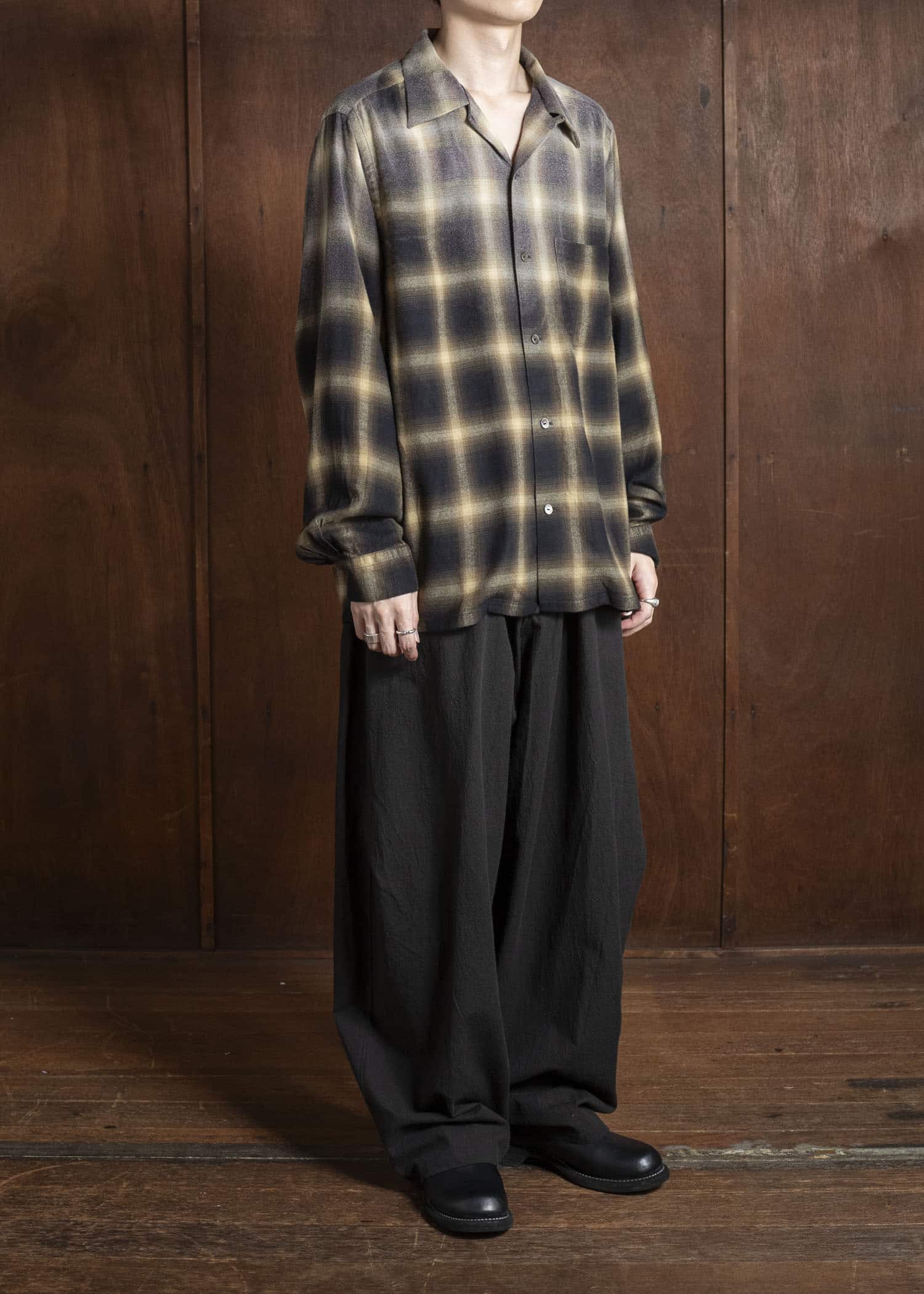 Taiga Takahashi Lot.101 Open Collar Shirt BLEACHED BEIGE PLAID