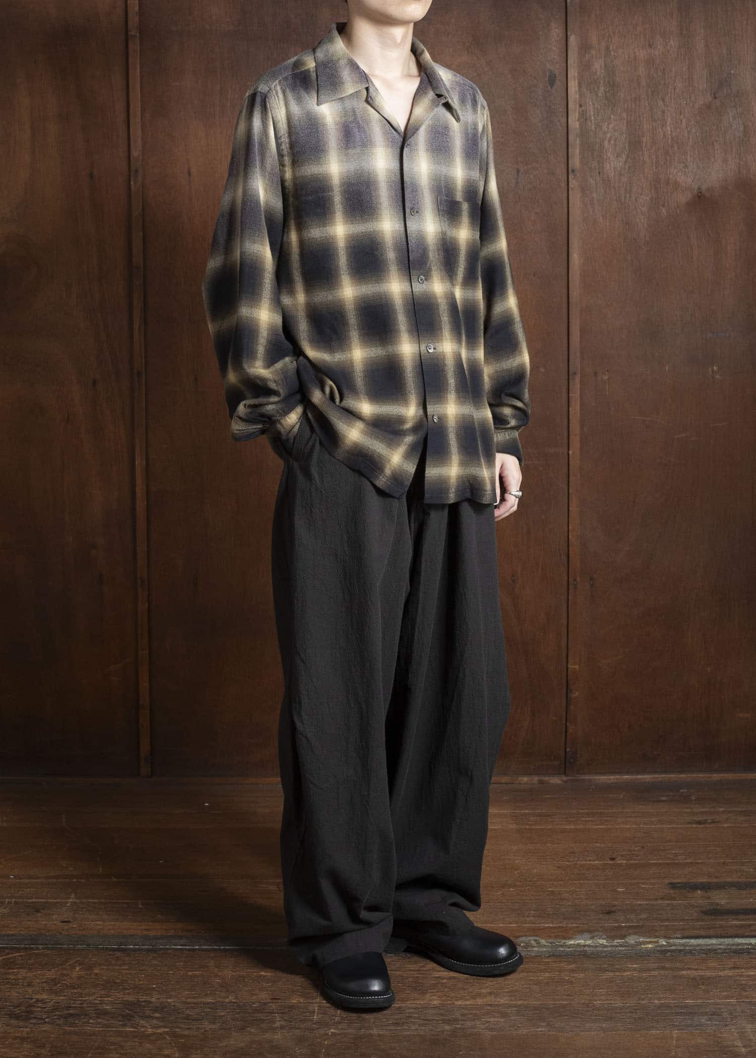 Taiga Takahashi Lot.101 Open Collar Shirt BLEACHED BEIGE PLAID