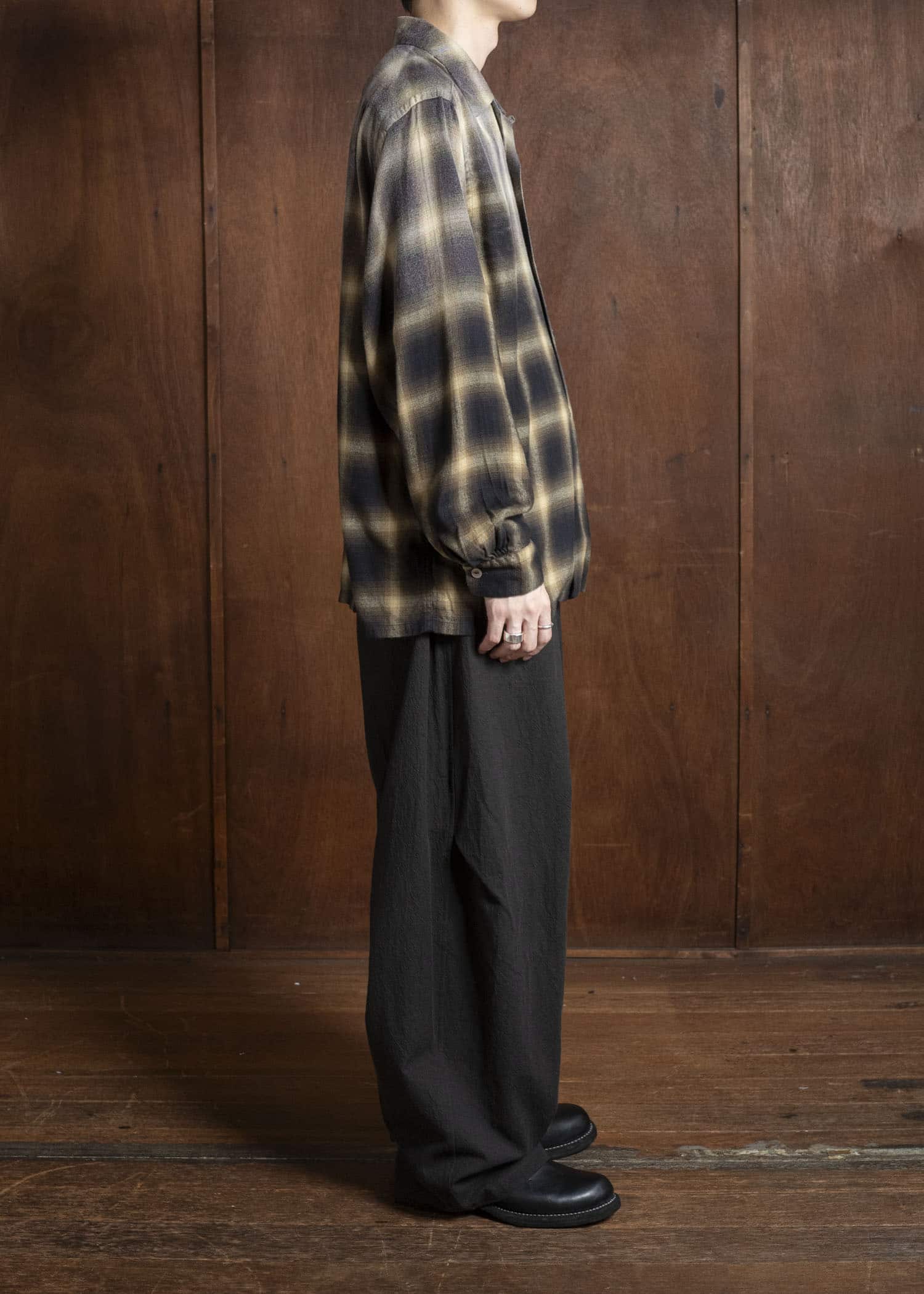 Taiga Takahashi Lot.101 Open Collar Shirt BLEACHED BEIGE PLAID