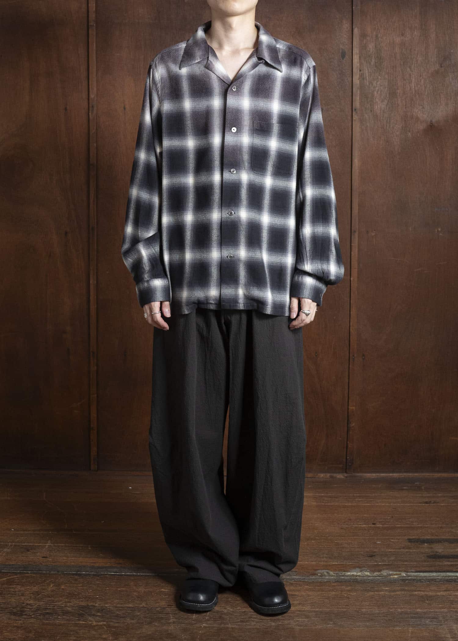 Taiga Takahashi Lot.101-Gray Plaid Open Collar Shirt BLEACHED GRAY PLAID