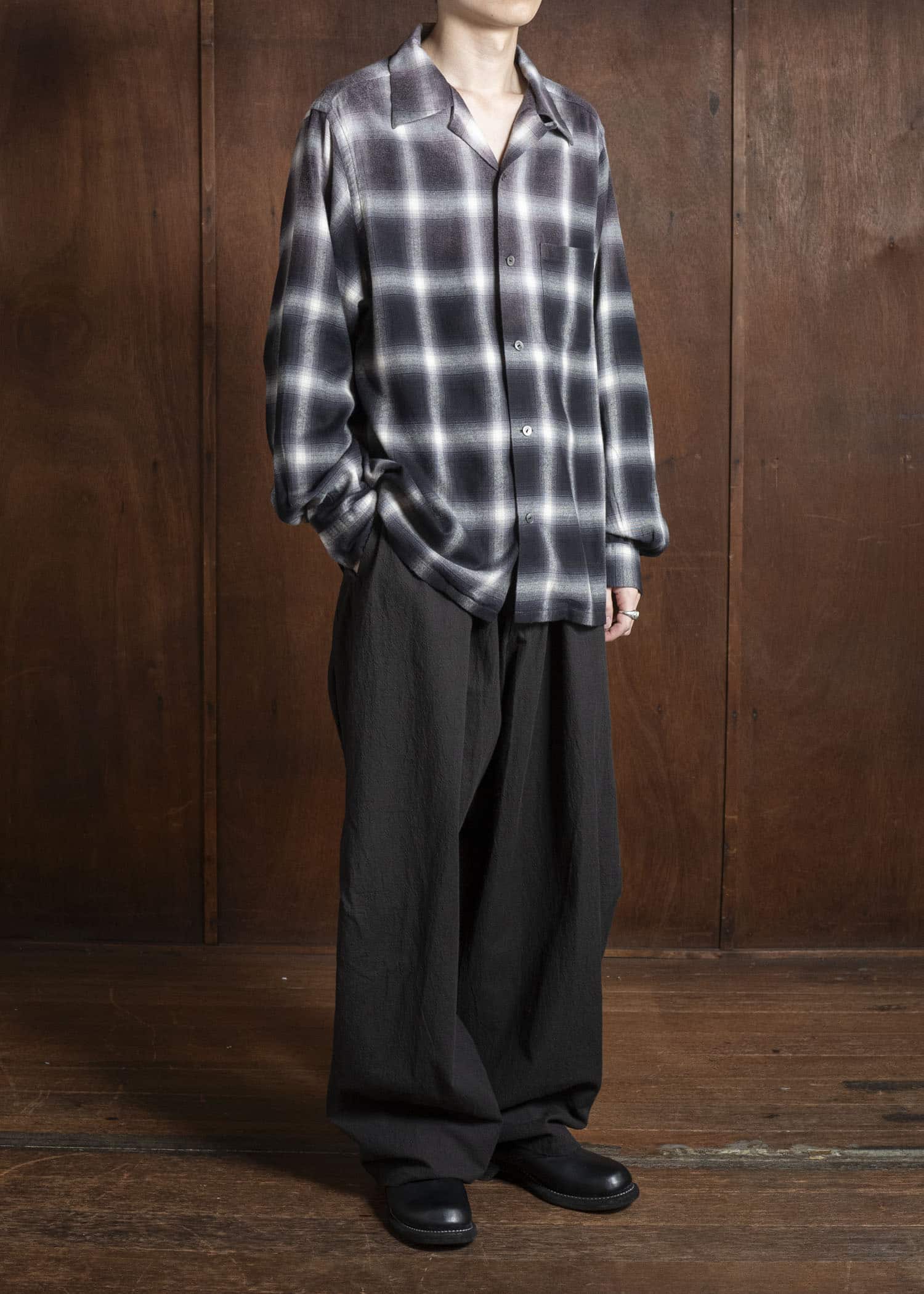 Taiga Takahashi Lot.101-Gray Plaid Open Collar Shirt BLEACHED GRAY PLAID