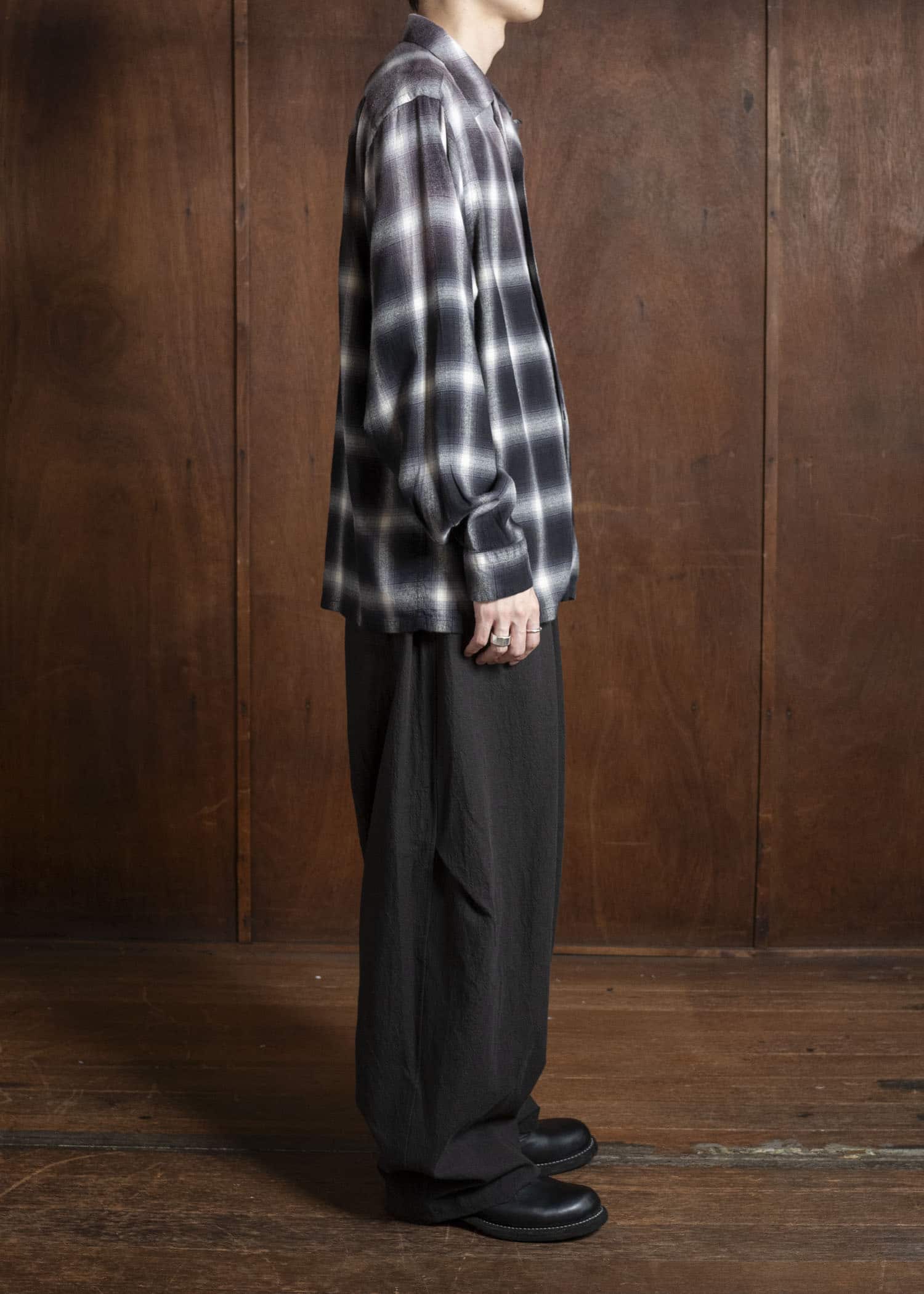 Taiga Takahashi Lot.101-Gray Plaid Open Collar Shirt BLEACHED GRAY PLAID