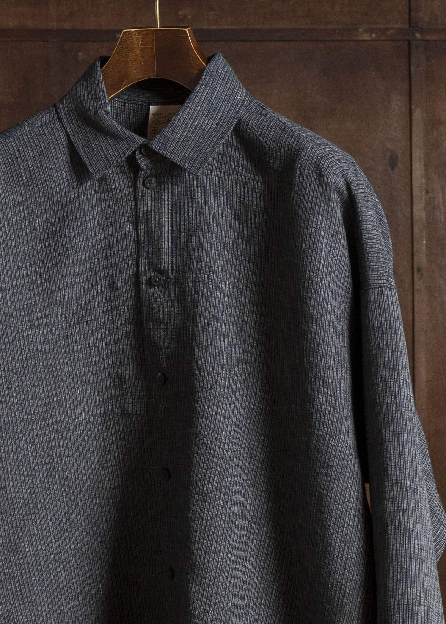JAN-JAN VAN ESSCHE SHIRT#100 LOOSE DRESS SHIRT WITH CENTER BACK PLEAT Hemp Cloth | Dark Grey Striped