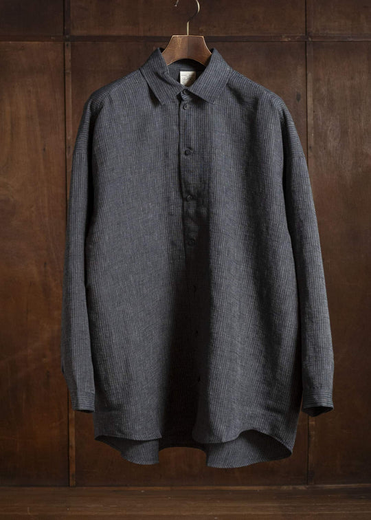 JAN-JAN VAN ESSCHE SHIRT#100 LOOSE DRESS SHIRT WITH CENTER BACK PLEAT Hemp Cloth | Dark Grey Striped