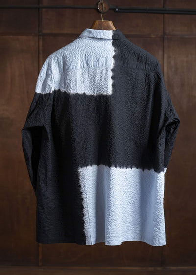 SUZUSAN Cotton Broad Hooded Jacket Madara Shibori 4066C-317-Black - Mist Blue