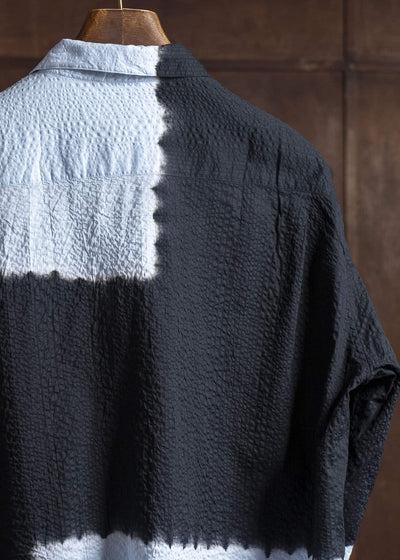 SUZUSAN Cotton Broad Hooded Jacket Madara Shibori 4066C-317-Black - Mist Blue