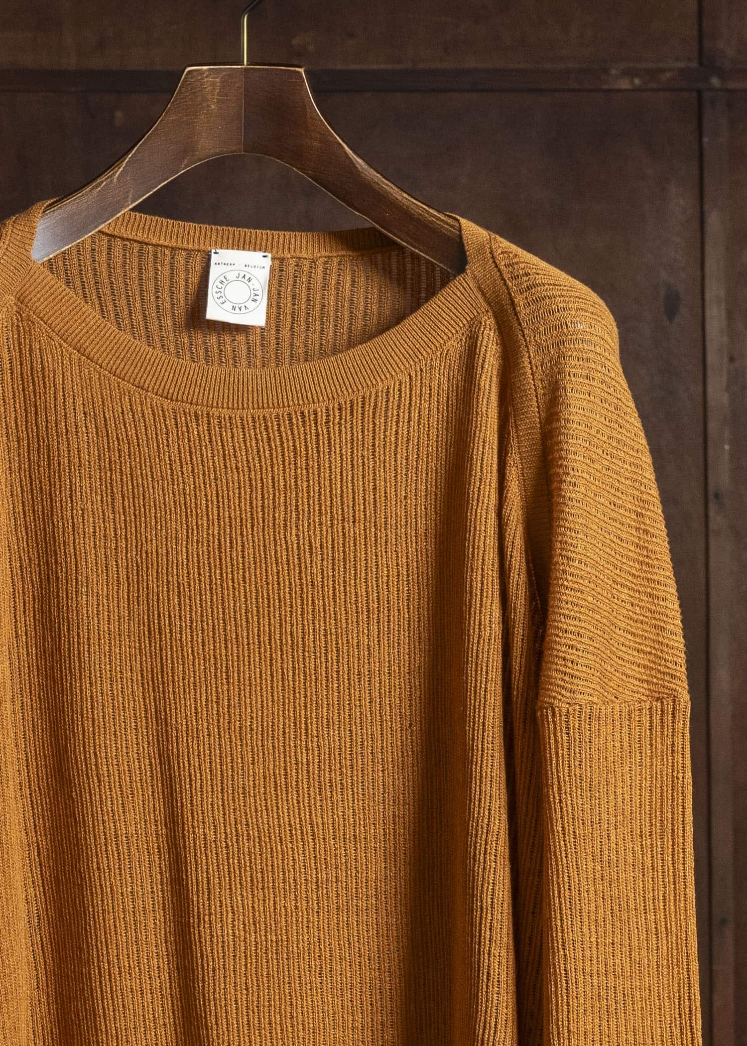 KNIT#76 LONG SLEEVE BOAT NECK MESH KNIT Linen Cotton Mesh | Orange