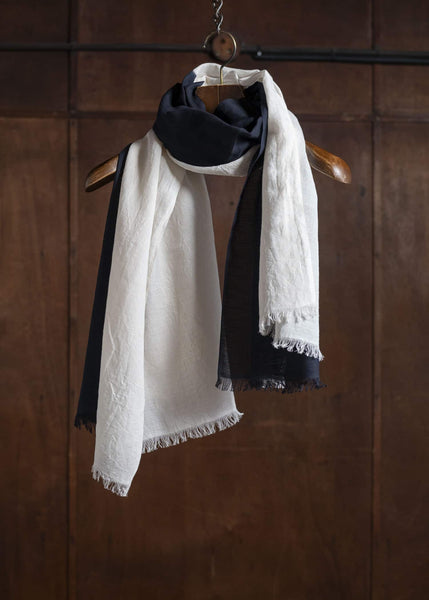 SUZUSAN Herringbone Sea Island Cotton Woven Shawl Boushi Shibori Block 0044C-317-Black - Natural White