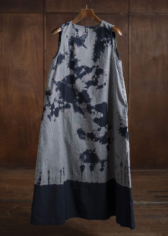 SUZUSAN Cotton Gingham Check Wide Sleeveless Dress  Madara Shibori Fragment 7048C-011-Black - Black
