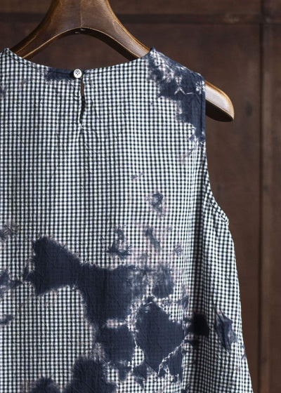 SUZUSAN Cotton Gingham Check Wide Sleeveless Dress  Madara Shibori Fragment 7048C-011-Black - Black