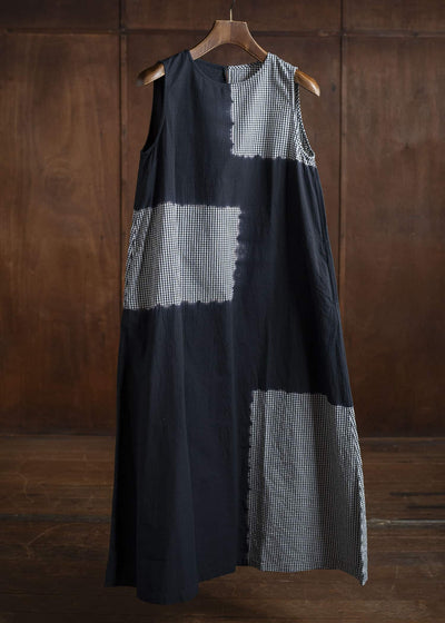 SUZUSAN Cotton Gingham Check Wide Sleeveless Dress  Boushi Shibori Block 7048C-317-Black - Black