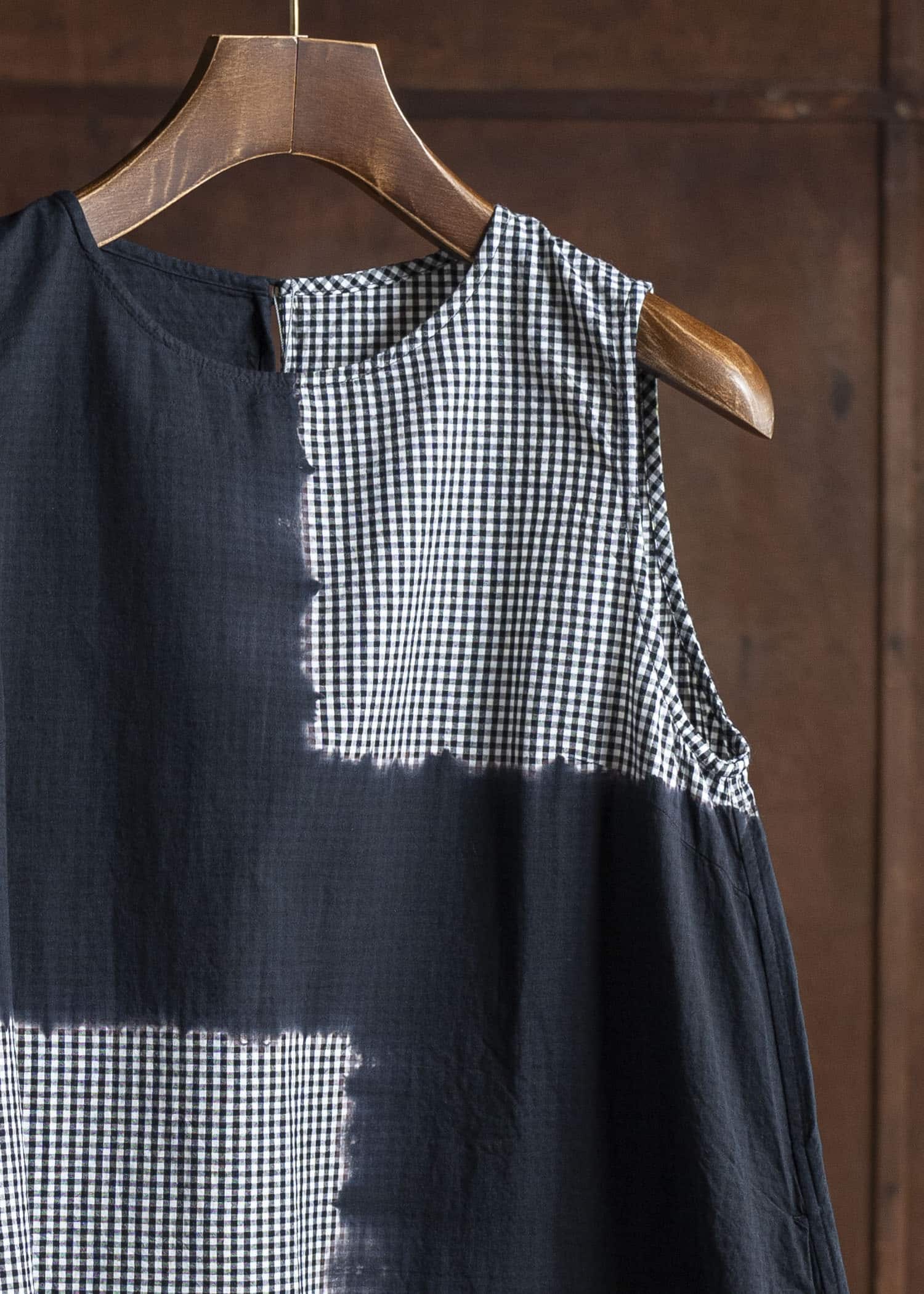 SUZUSAN Cotton Gingham Check Wide Sleeveless Dress  Boushi Shibori Block 7048C-317-Black - Black