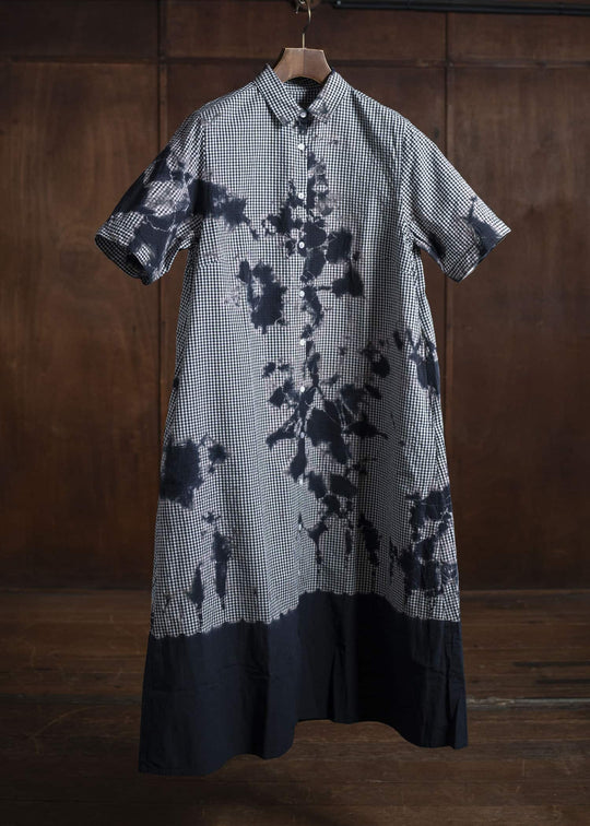 SUZUSAN Cotton Gingham Check Half Sleeve Dress.  Madara Shibori Fragment 7046C-011-Black - Black