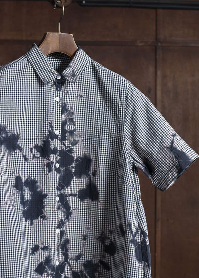 SUZUSAN Cotton Gingham Check Half Sleeve Dress.  Madara Shibori Fragment 7046C-011-Black - Black