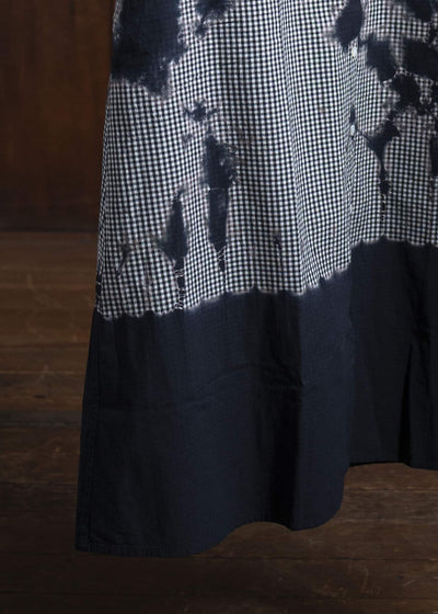 SUZUSAN Cotton Gingham Check Half Sleeve Dress.  Madara Shibori Fragment 7046C-011-Black - Black