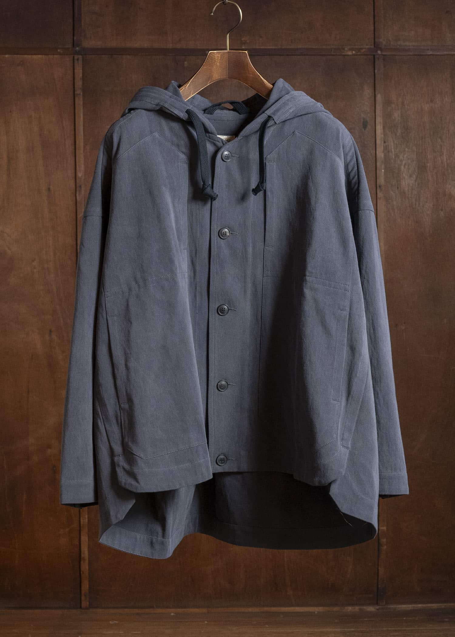 JAN-JAN VAN ESSCHE JACKET#65 HOODED JACKET WITH DOUBLE PATCH POCKETS, UNLINED Co Hemp Dense Twill | Logwood
