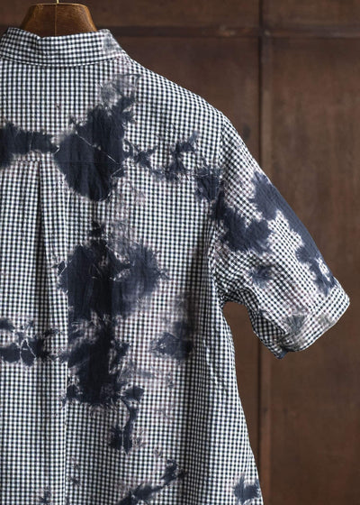 SUZUSAN Cotton Gingham Check Half Sleeve Dress.  Madara Shibori Fragment 7046C-011-Black - Black