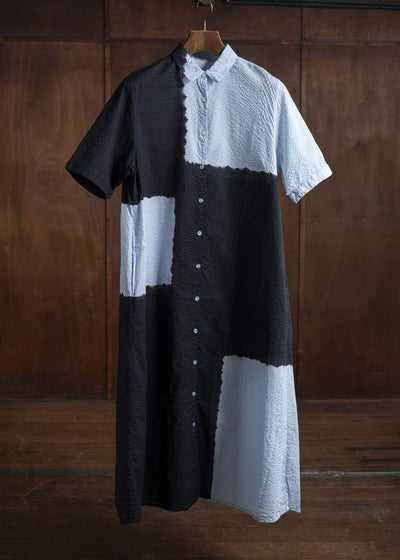 SUZUSAN Transparent Wrinkled Stripe Half Sleeve  DressBoushi Shibori Block 7049C-317-Black - Mist Blue