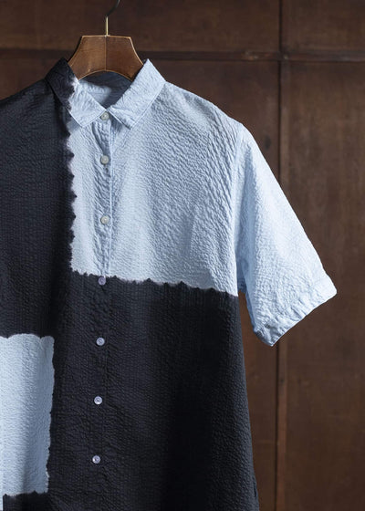 SUZUSAN Transparent Wrinkled Stripe Half Sleeve  DressBoushi Shibori Block 7049C-317-Black - Mist Blue