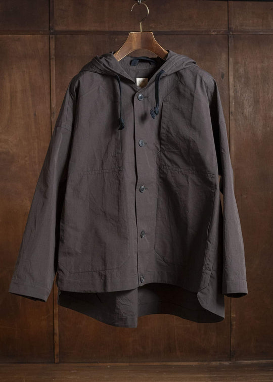JAN-JAN VAN ESSCHE JACKET#65 HOODED JACKET WITH DOUBLE PATCH POCKETS, UNLINED Cotton Silk Canvas | Old Mahogany