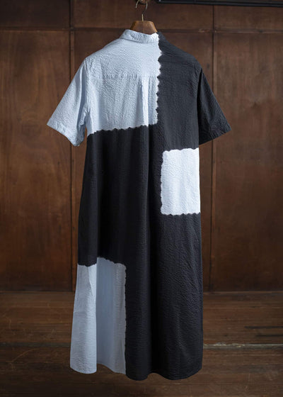 SUZUSAN Transparent Wrinkled Stripe Half Sleeve  DressBoushi Shibori Block 7049C-317-Black - Mist Blue