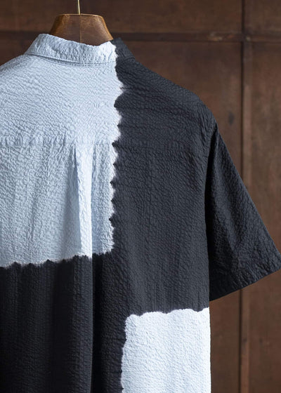 SUZUSAN Transparent Wrinkled Stripe Half Sleeve  DressBoushi Shibori Block 7049C-317-Black - Mist Blue