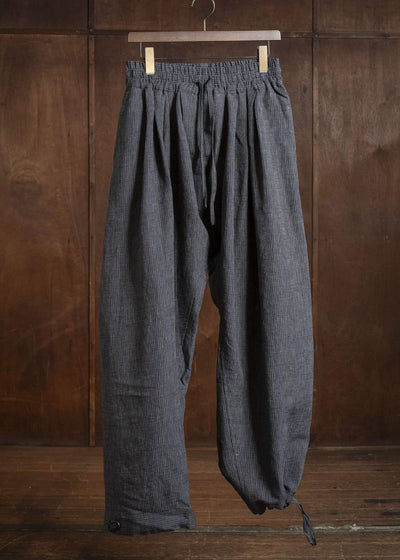 JAN-JAN VAN ESSCHE TROUSERS#91 TRIPLE PLEATED LOOSE TROUSERS WITH ELASTIC WAIST Hemp Cloth | Dark Grey Striped