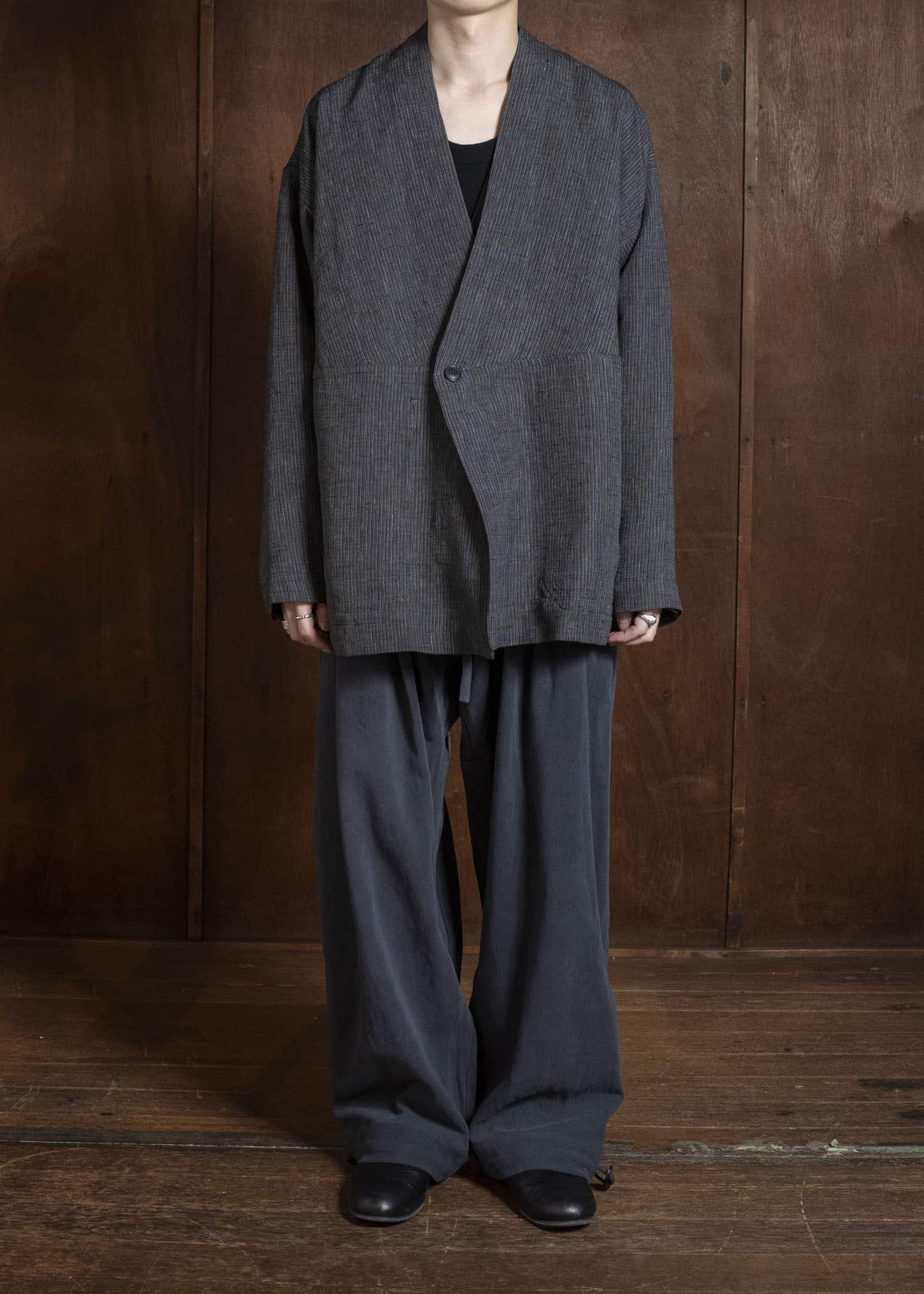 JAN-JAN VAN ESSCHE JACKET#63 OVERSIZED BLAZER WITH JET POCKETS, UNLINED Hemp Cloth | Dark Grey Striped