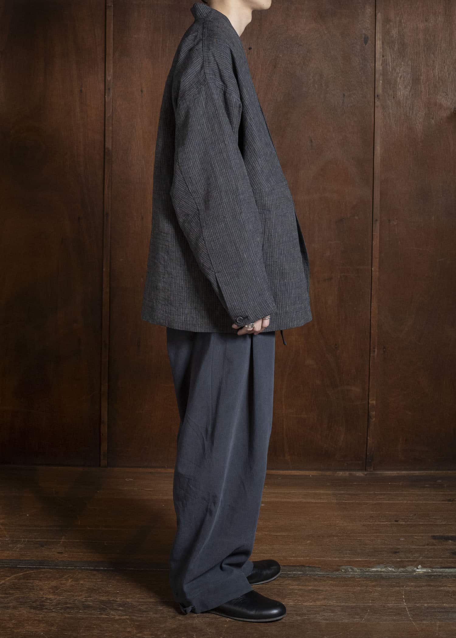 JAN-JAN VAN ESSCHE JACKET#63 OVERSIZED BLAZER WITH JET POCKETS, UNLINED Hemp Cloth | Dark Grey Striped