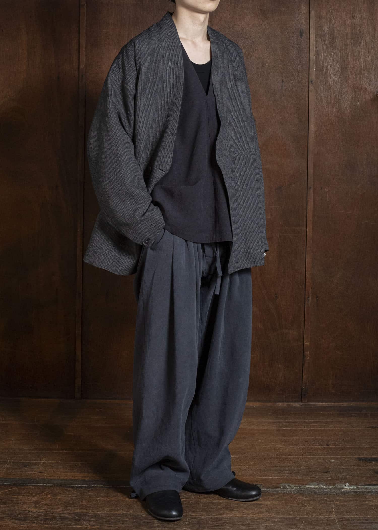 JAN-JAN VAN ESSCHE TROUSERS#91 TRIPLE PLEATED LOOSE TROUSERS WITH ELASTIC WAIST Co Hemp Dense Twill | Logwood