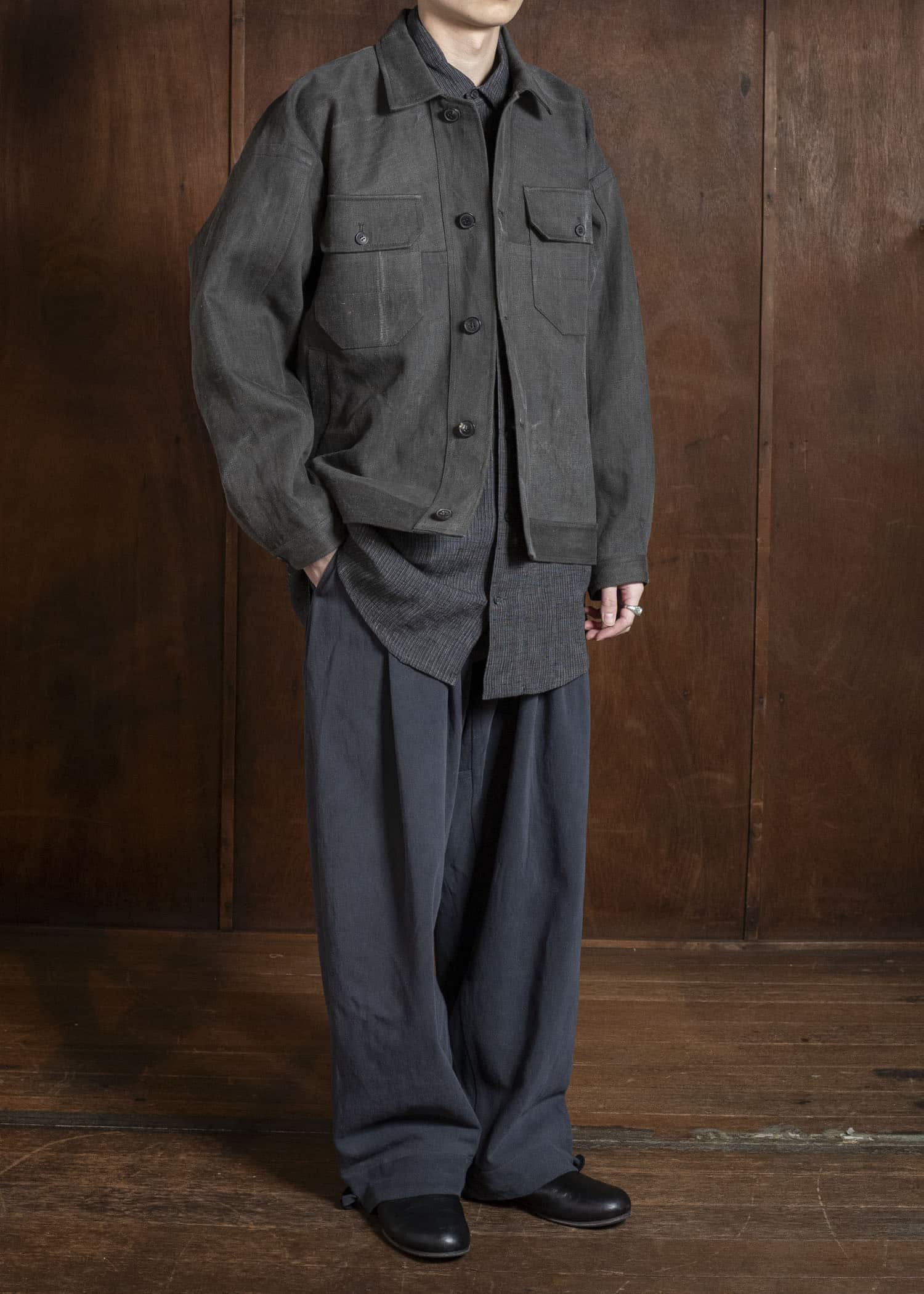 JAN-JAN VAN ESSCHE JACKET#64 DENIM STYLE WORKWEAR JACKET WITH YOKE, UNLINED Cotton Hemp Denim | Sumi Kakishibu