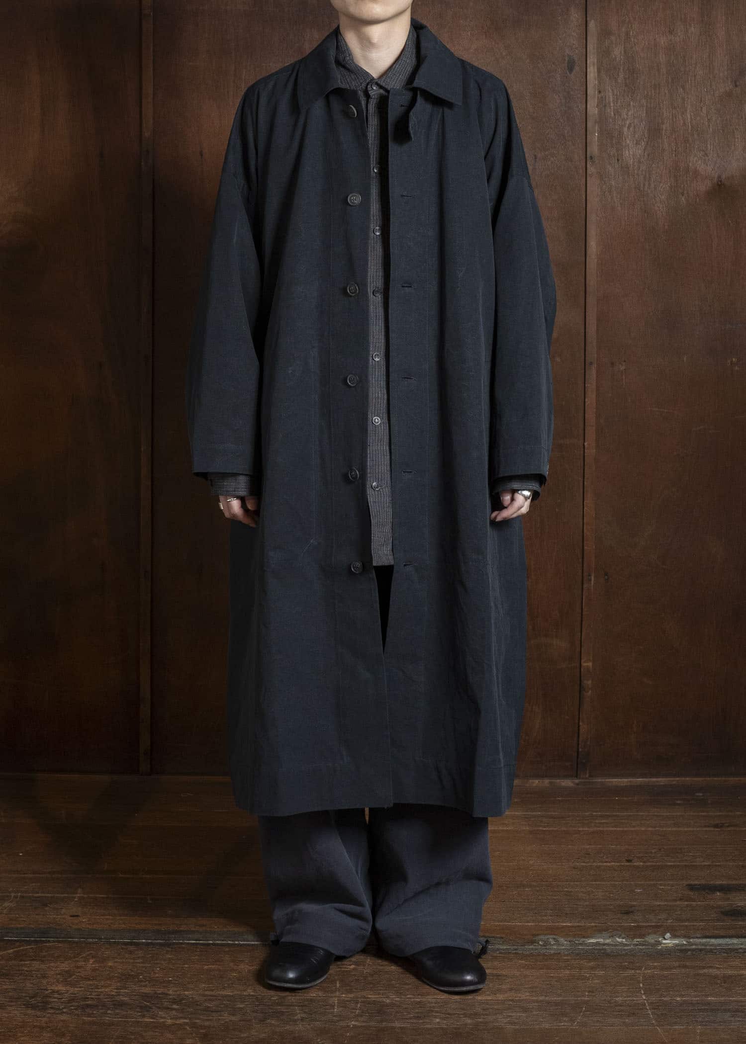 JAN-JAN VAN ESSCHE COAT#34 LONG COAT JET POCKETS, BACK SPLIT, BELT, UNLINED Time Washed Light | Off Black
