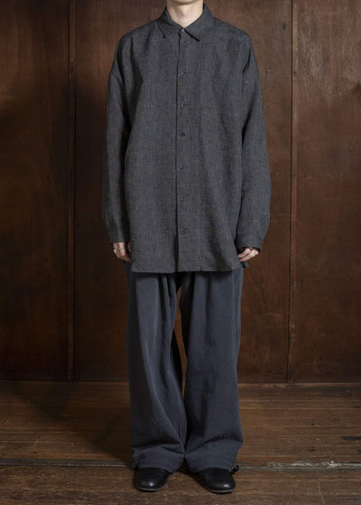 JAN-JAN VAN ESSCHE SHIRT#100 LOOSE DRESS SHIRT WITH CENTER BACK PLEAT Hemp Cloth | Dark Grey Striped