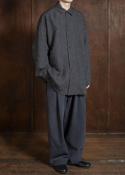 JAN-JAN VAN ESSCHE SHIRT#100 LOOSE DRESS SHIRT WITH CENTER BACK PLEAT Hemp Cloth | Dark Grey Striped