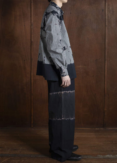 SUZUSAN Cotton Gingham Check Overshirt Madara Shibori Fragment 4063C-011-Black - Black