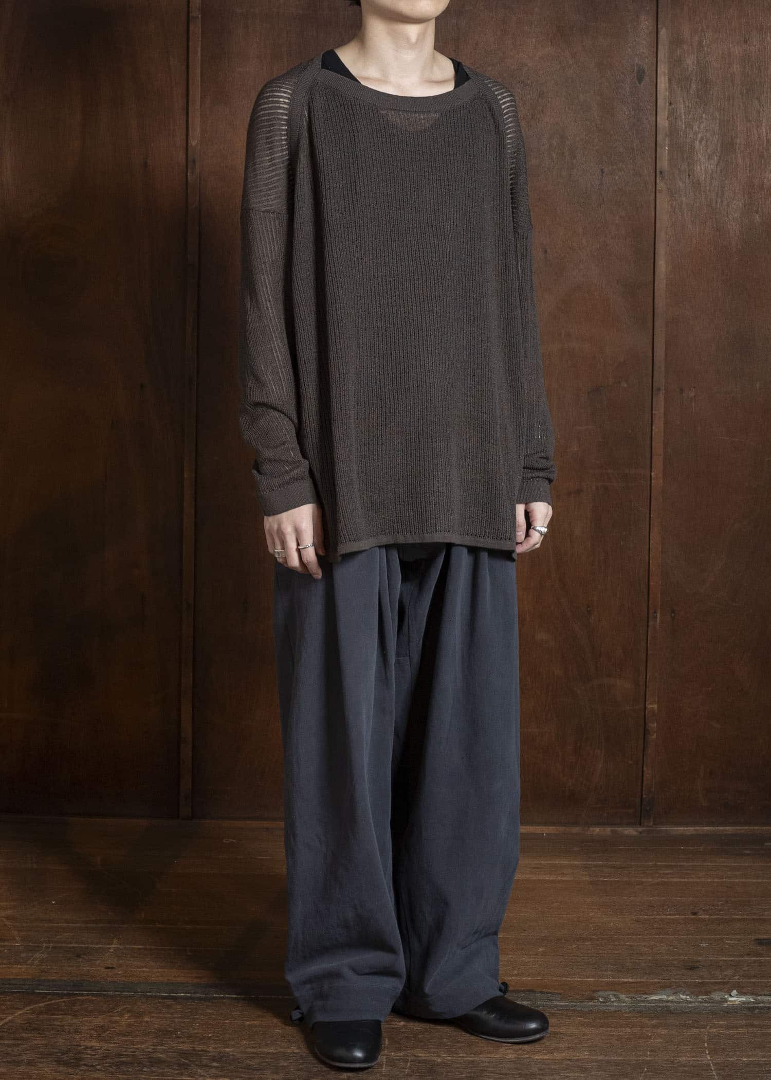 JAN-JAN VAN ESSCHE KNIT#76 LONG SLEEVE BOAT NECK MESH KNIT Linen Cotton Mesh | Brown