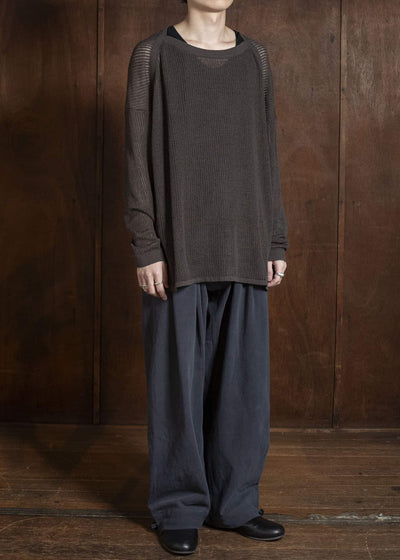 JAN-JAN VAN ESSCHE KNIT#76 LONG SLEEVE BOAT NECK MESH KNIT Linen Cotton Mesh | Brown