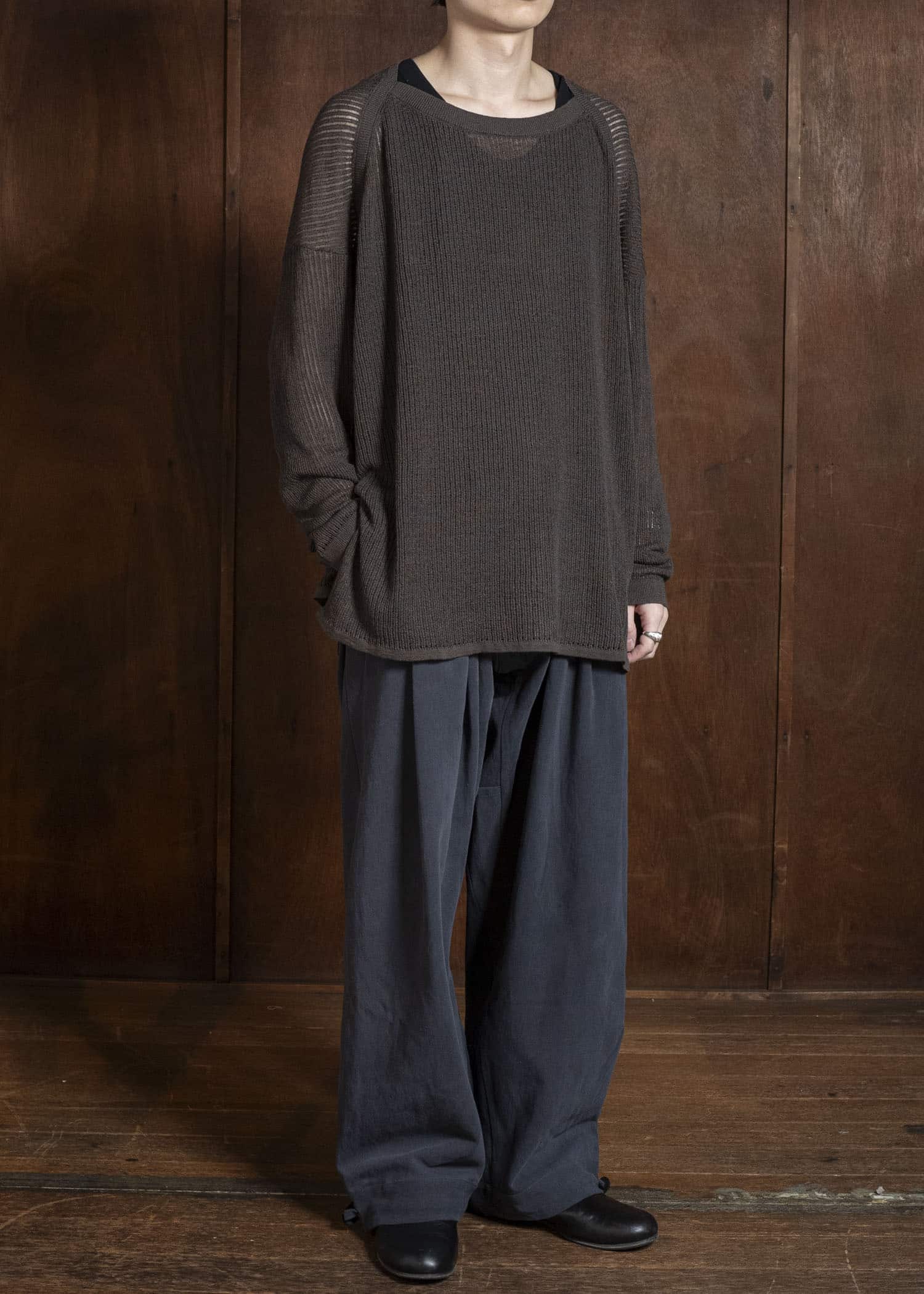 JAN-JAN VAN ESSCHE KNIT#76 LONG SLEEVE BOAT NECK MESH KNIT Linen Cotton Mesh | Brown