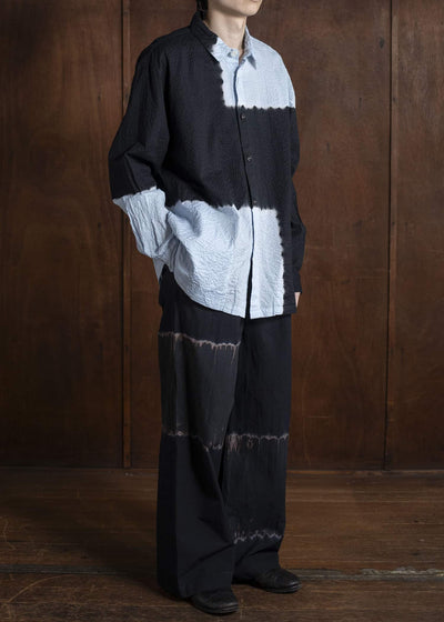 SUZUSAN Cotton Broad Hooded Jacket Madara Shibori 4066C-317-Black - Mist Blue