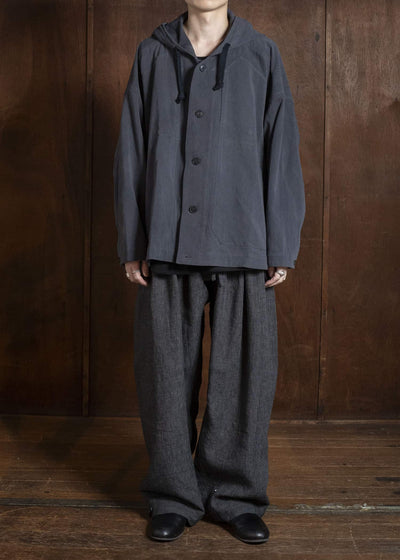 JAN-JAN VAN ESSCHE TROUSERS#91 TRIPLE PLEATED LOOSE TROUSERS WITH ELASTIC WAIST Hemp Cloth | Dark Grey Striped