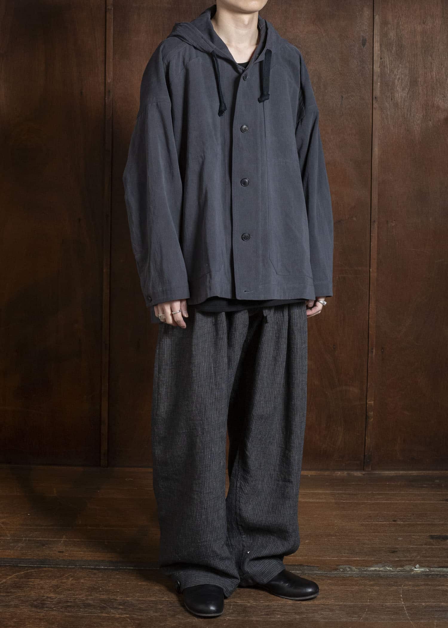 JAN-JAN VAN ESSCHE JACKET#65 HOODED JACKET WITH DOUBLE PATCH POCKETS, UNLINED Co Hemp Dense Twill | Logwood