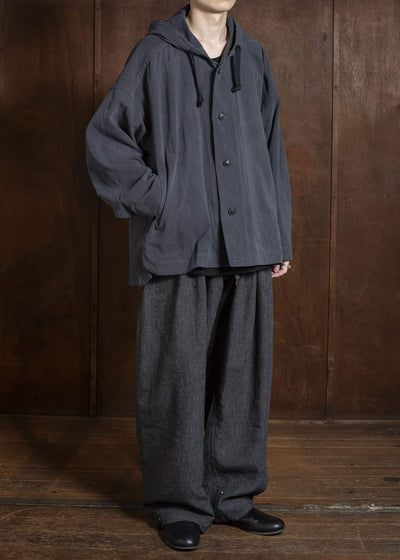 JAN-JAN VAN ESSCHE TROUSERS#91 TRIPLE PLEATED LOOSE TROUSERS WITH ELASTIC WAIST Hemp Cloth | Dark Grey Striped