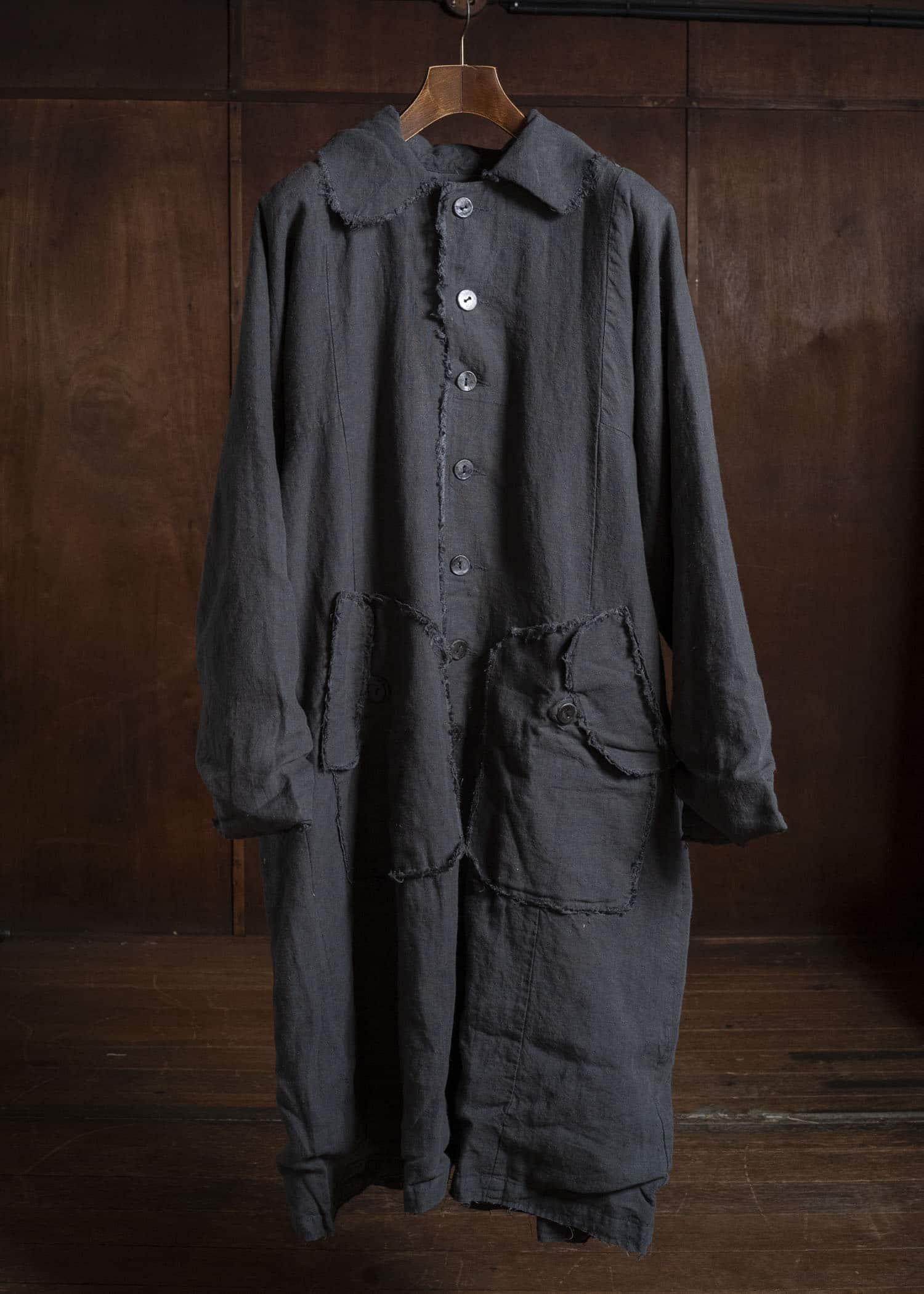 Gathering Textiles Farmer Coat (Shell Buttons) Japanese Stone Washed Linen , Black Rose Silk Lining FAC02-LI-BK