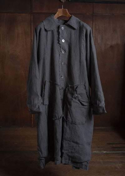 Gathering Textiles Farmer Coat (Shell Buttons) Japanese Stone Washed Linen , Black Rose Silk Lining FAC02-LI-BK