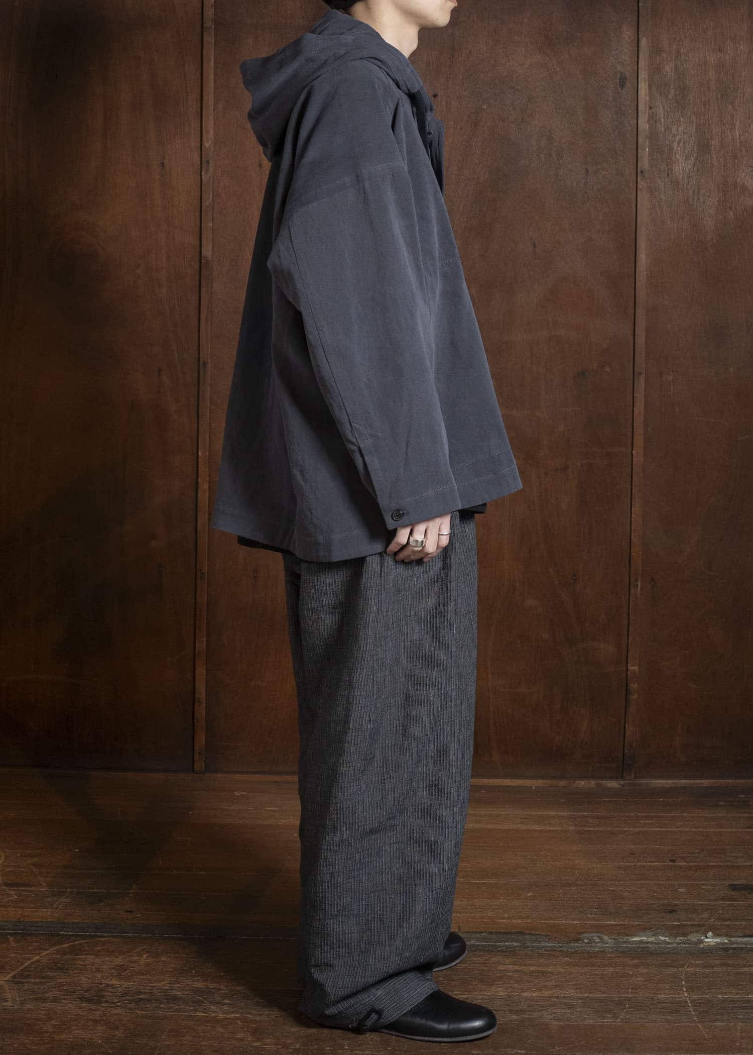 JAN-JAN VAN ESSCHE JACKET#65 HOODED JACKET WITH DOUBLE PATCH POCKETS, UNLINED Co Hemp Dense Twill | Logwood