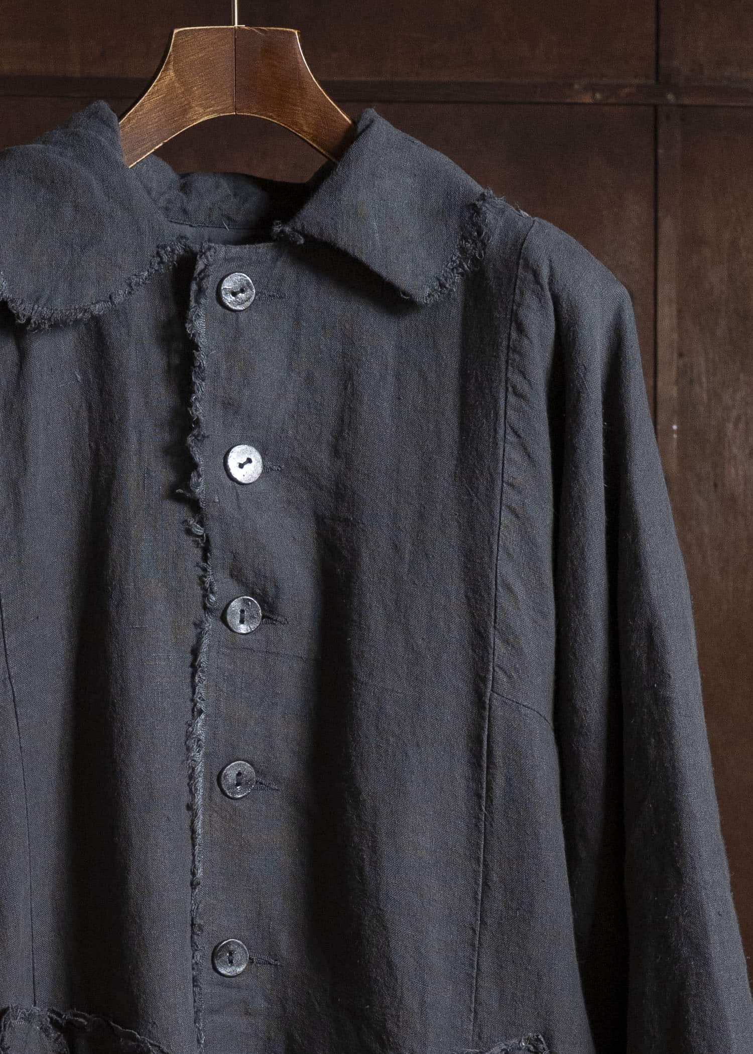 Gathering Textiles Farmer Coat (Shell Buttons) Japanese Stone Washed Linen , Black Rose Silk Lining FAC02-LI-BK