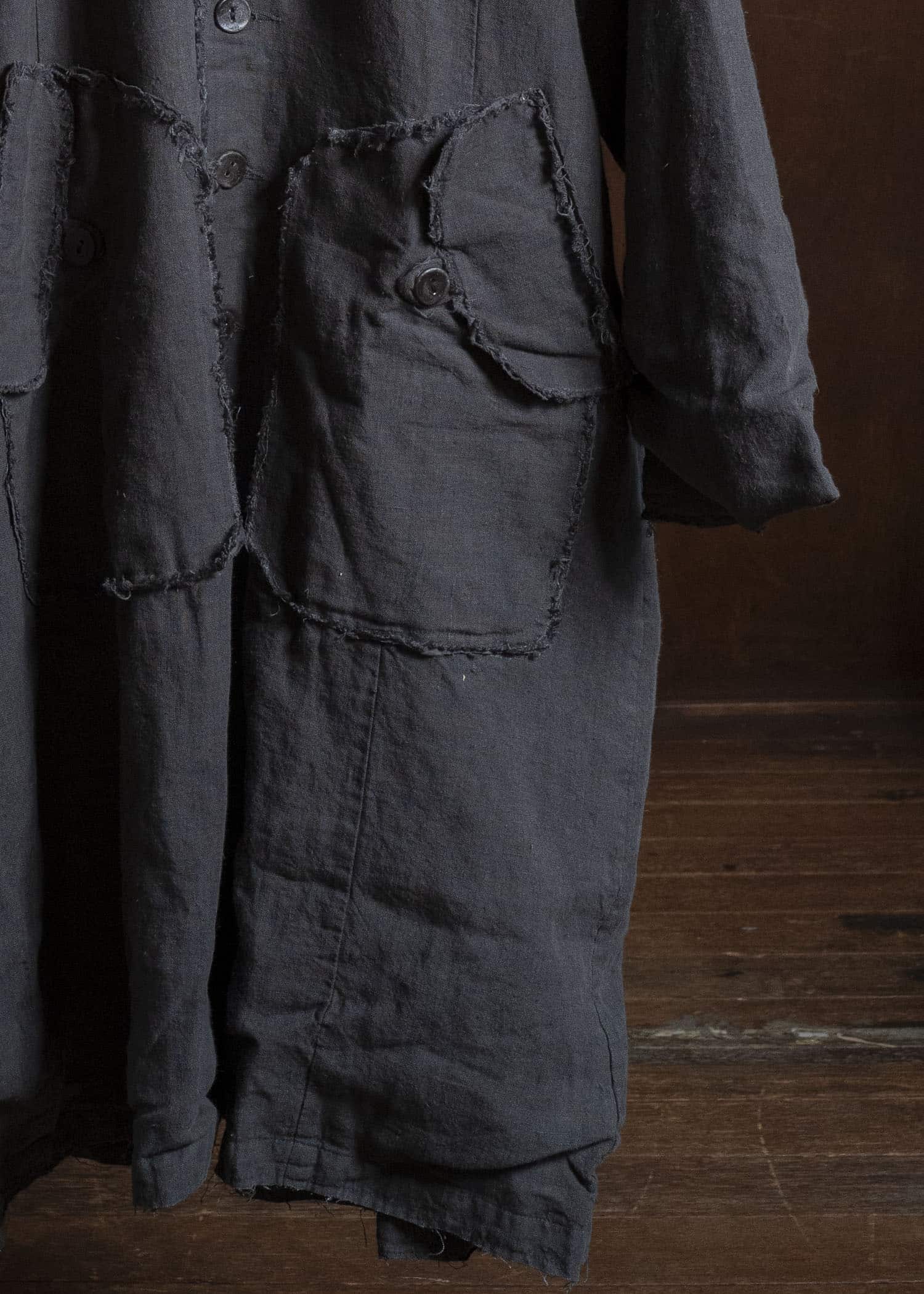 Gathering Textiles Farmer Coat (Shell Buttons) Japanese Stone Washed Linen , Black Rose Silk Lining FAC02-LI-BK
