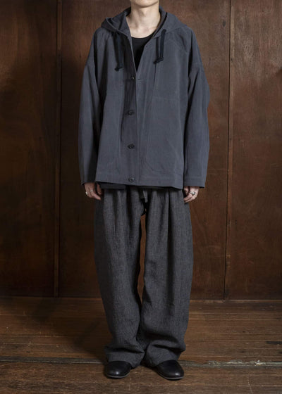 JAN-JAN VAN ESSCHE TROUSERS#91 TRIPLE PLEATED LOOSE TROUSERS WITH ELASTIC WAIST Hemp Cloth | Dark Grey Striped