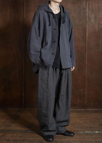 JAN-JAN VAN ESSCHE TROUSERS#91 TRIPLE PLEATED LOOSE TROUSERS WITH ELASTIC WAIST Hemp Cloth | Dark Grey Striped